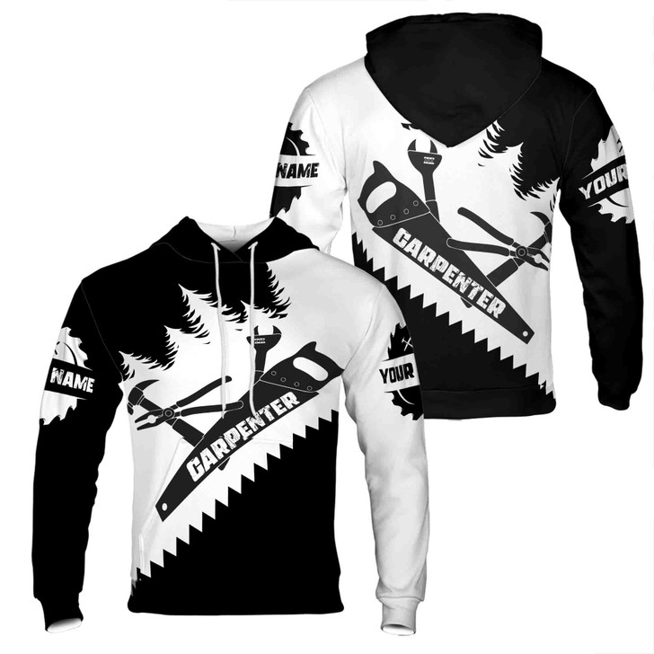 Custom Name Carpenter Tools Forest Silhouette Black White Hoodie S-5XL