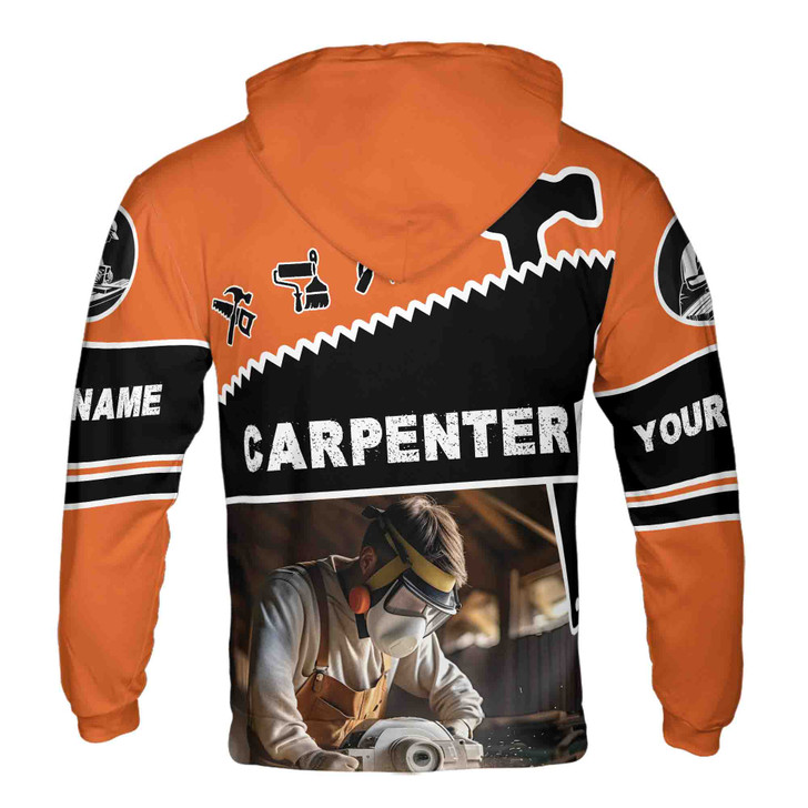 Custom Name Carpenter Woodworker Tools Black Orange Hoodie S-5XL