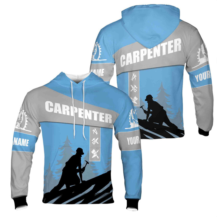 Custom Name Carpenter Woodworker Construction Forest Silhouette Blue Gray Hoodie S-5XL