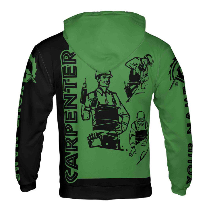 Custom Name Carpenter Woodworker Tools Black Green Hoodie S-5XL