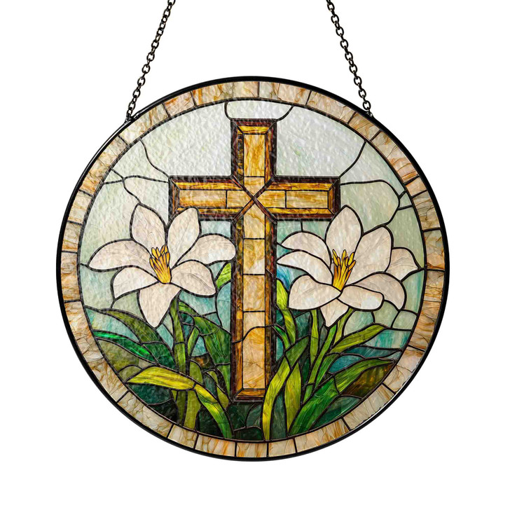 Easter Lily Cross Jesus Stained Glass Suncatcher Window Hanging Gift for Christians