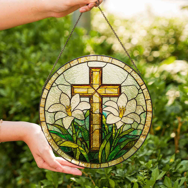 Easter Lily Cross Jesus Stained Glass Suncatcher Window Hanging Gift for Christians
