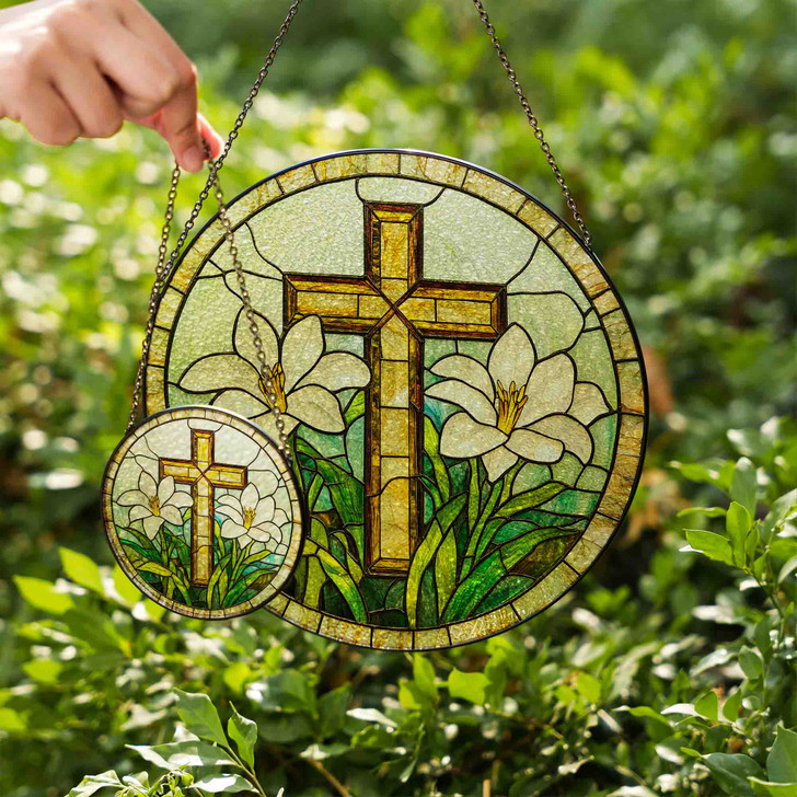 Easter Lily Cross Jesus Stained Glass Suncatcher Window Hanging Gift for Christians