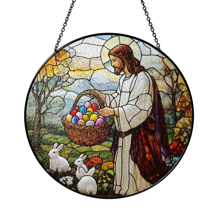 Easter Blessings Jesus with Easter Eggs Stained Glass Suncatcher