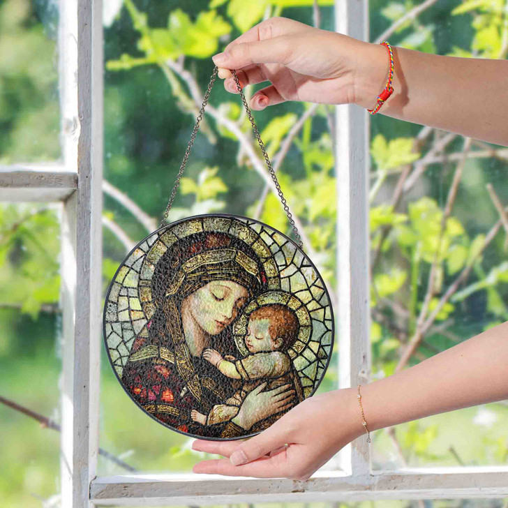 Mother’s Grace Mary and Baby Jesus Glass Suncatcher