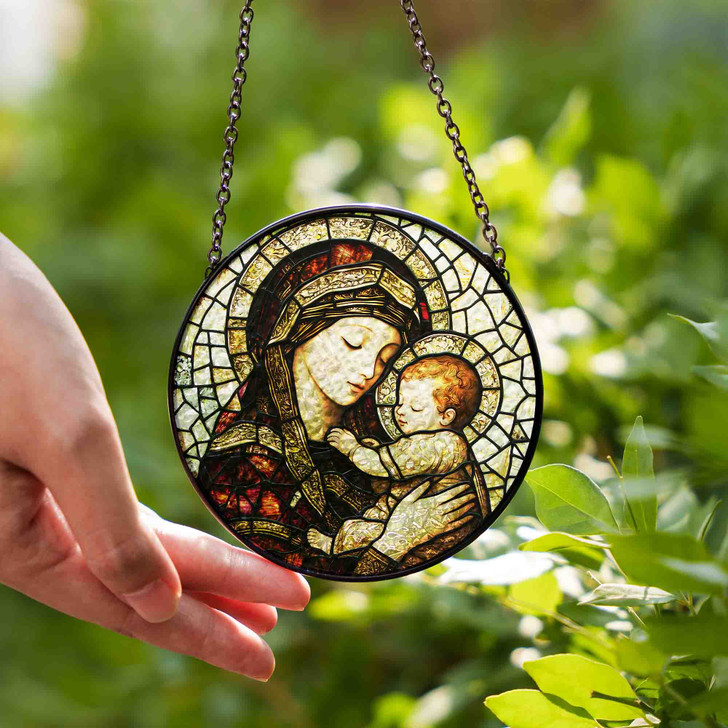 Mother’s Grace Mary and Baby Jesus Glass Suncatcher