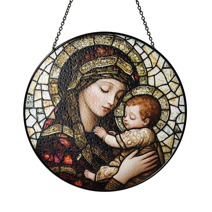 Mother’s Grace Mary and Baby Jesus Glass Suncatcher