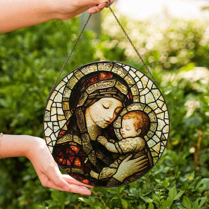 Mother’s Grace Mary and Baby Jesus Glass Suncatcher