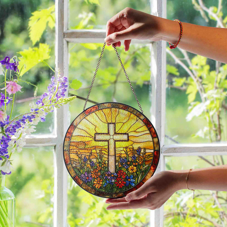 Cross of Light Jesus Stained Glass Window Hanging