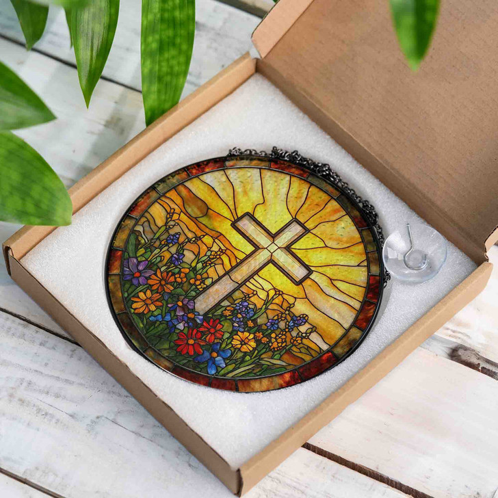Cross of Light Jesus Stained Glass Window Hanging