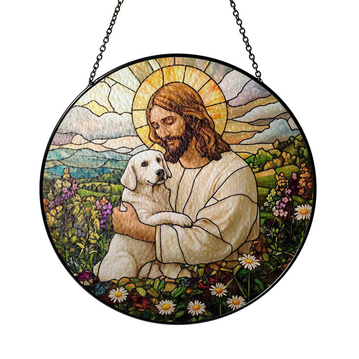 Jesus and Dog Stained Glass Suncatcher Window Hanging Decor