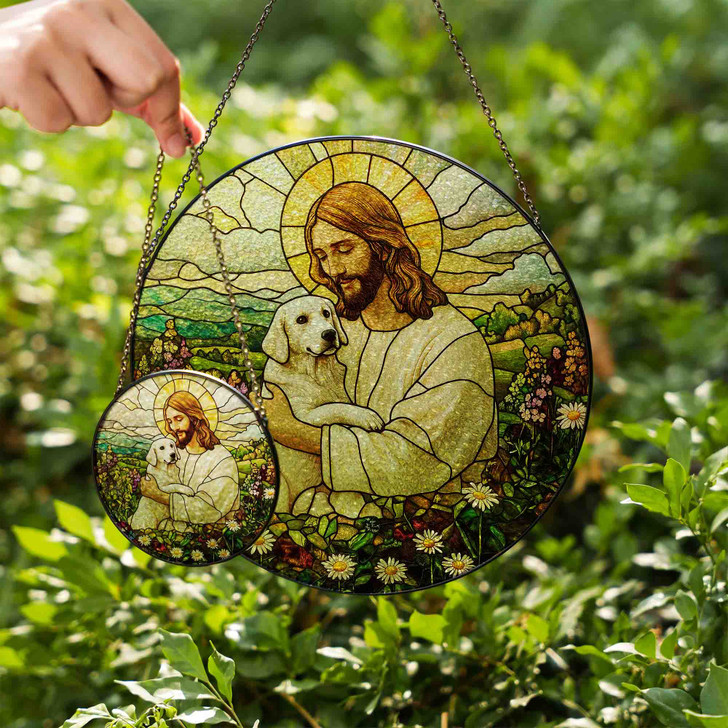 Jesus and Dog Stained Glass Suncatcher Window Hanging Decor