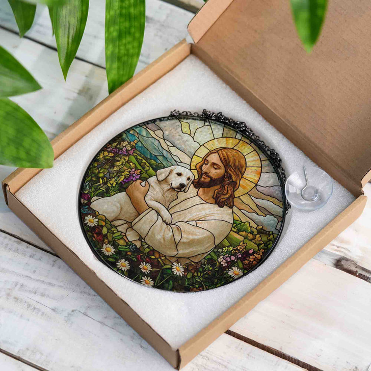 Jesus and Dog Stained Glass Suncatcher Window Hanging Decor