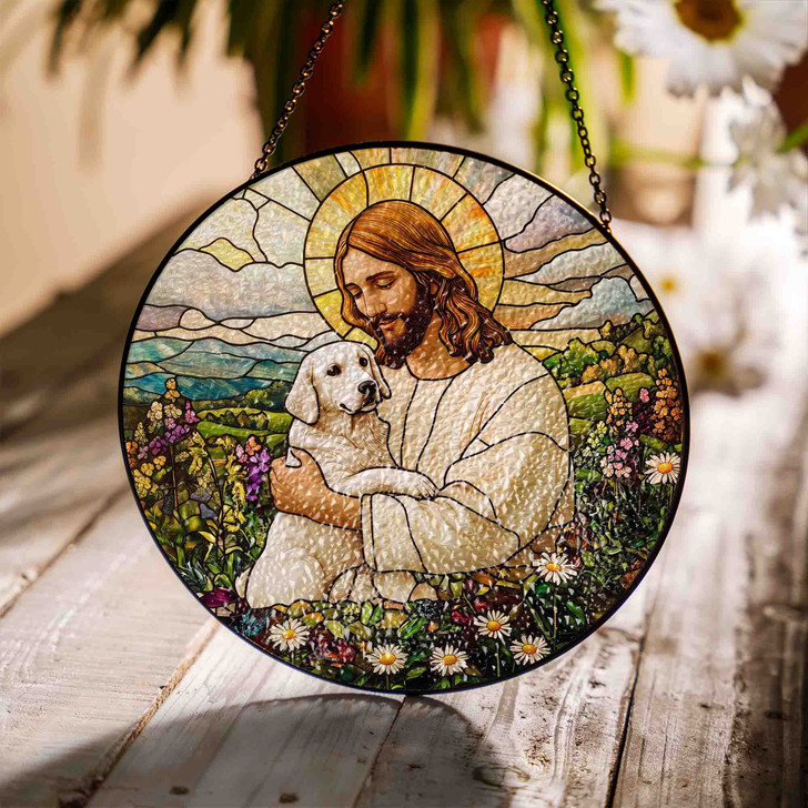 Jesus and Dog Stained Glass Suncatcher Window Hanging Decor