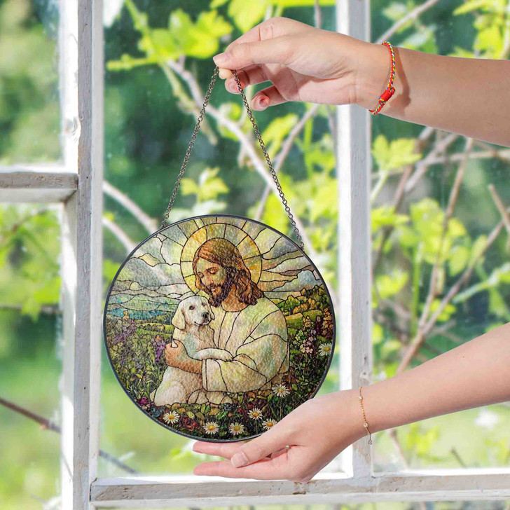 Jesus and Dog Stained Glass Suncatcher Window Hanging Decor