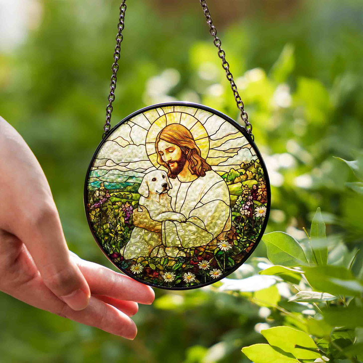 Jesus and Dog Stained Glass Suncatcher Window Hanging Decor