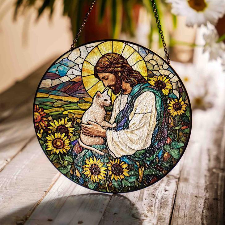 Jesus and Cat Stained Glass Suncatcher Window Hanging Decor