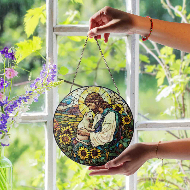 Jesus and Cat Stained Glass Suncatcher Window Hanging Decor