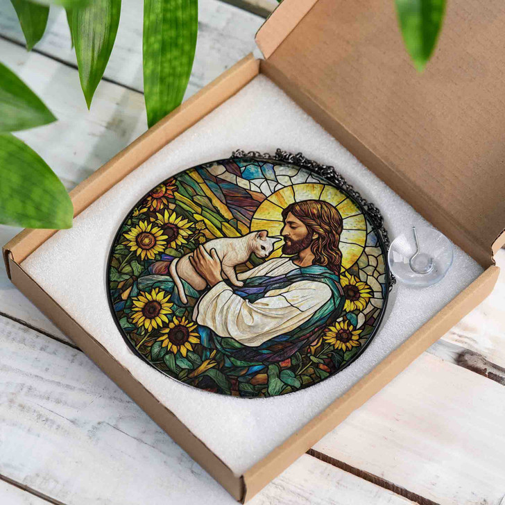 Jesus and Cat Stained Glass Suncatcher Window Hanging Decor