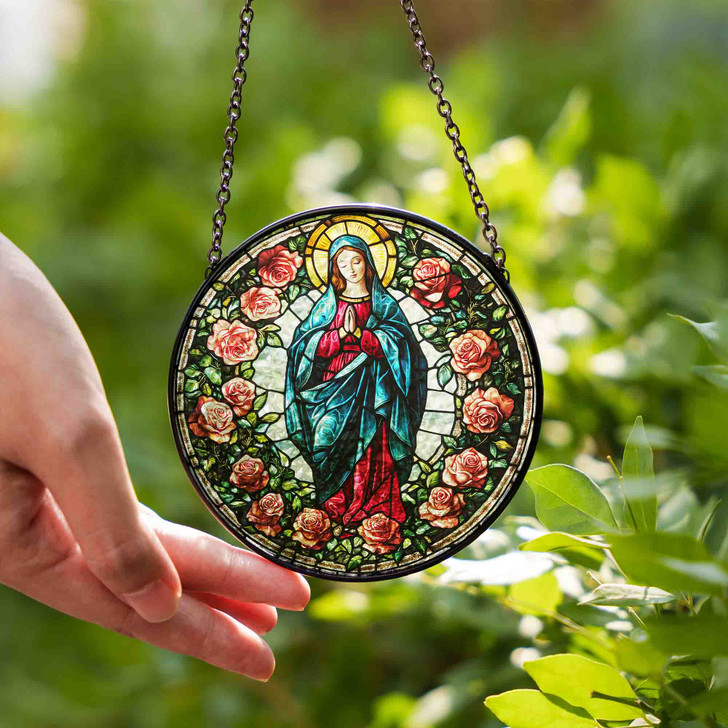 Virgin Mary Stained Glass Suncatcher with Roses Window Hanging