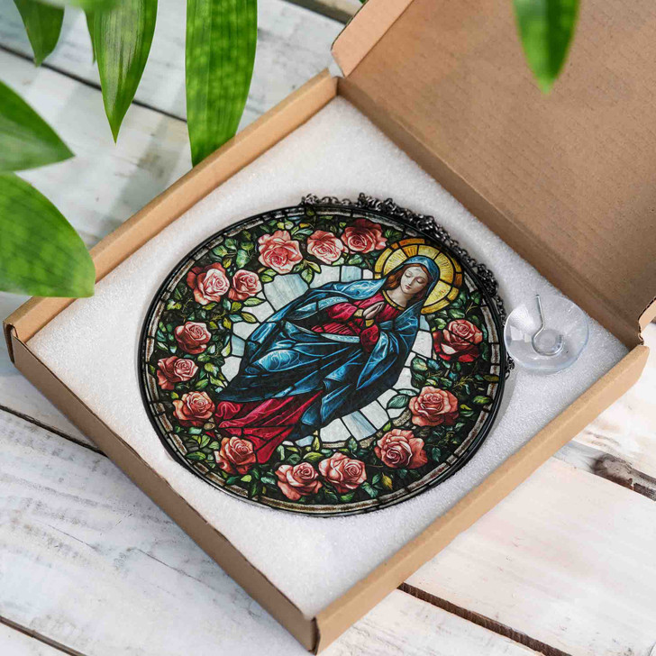 Virgin Mary Stained Glass Suncatcher with Roses Window Hanging