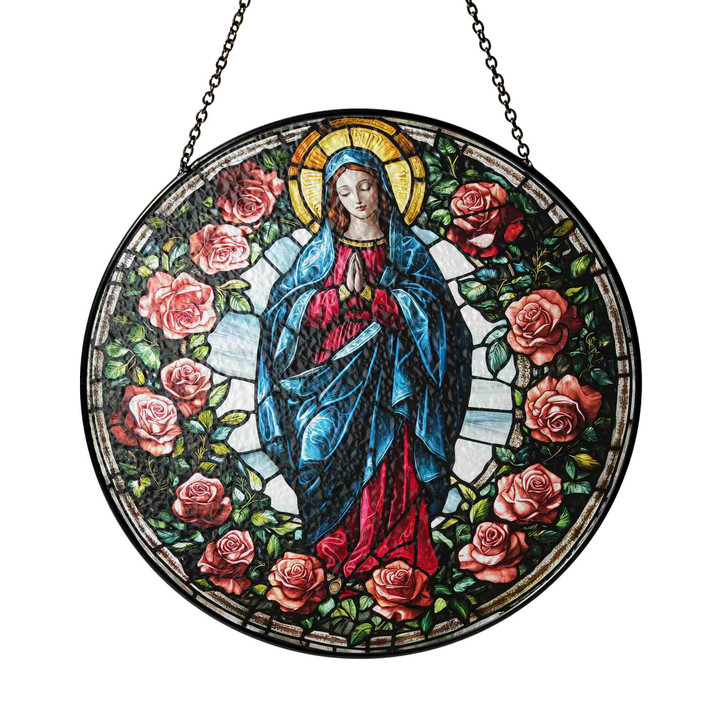 Virgin Mary Stained Glass Suncatcher with Roses Window Hanging