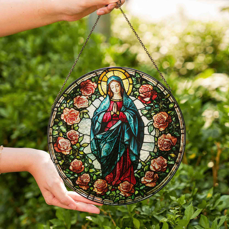 Virgin Mary Stained Glass Suncatcher with Roses Window Hanging