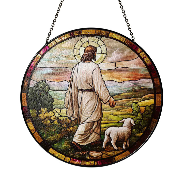 Jesus the Shepherd Stained Glass Suncatcher with Lamb Window Decor