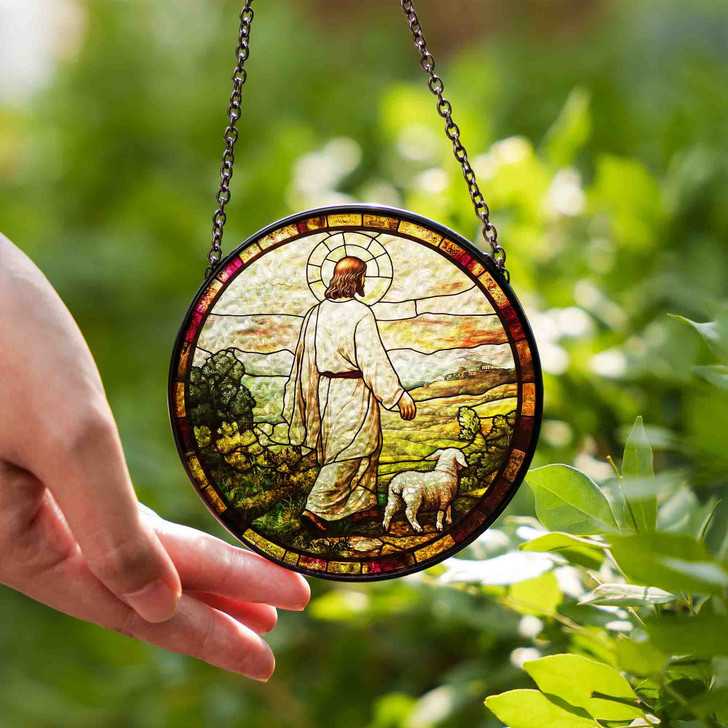 Jesus the Shepherd Stained Glass Suncatcher with Lamb Window Decor