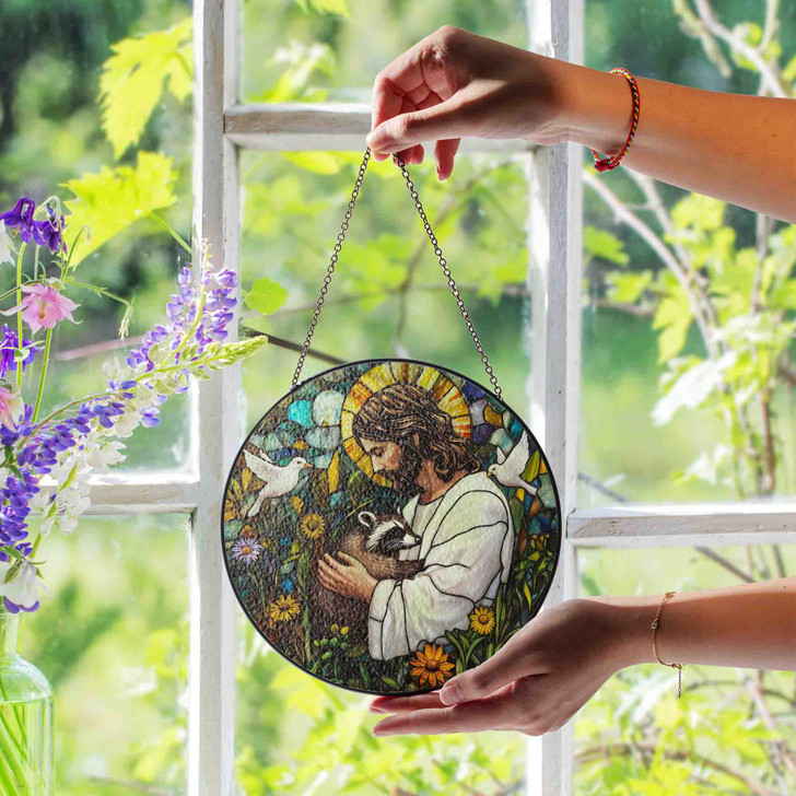Jesus and Raccoon Stained Glass Suncatcher Window Hanging Decor