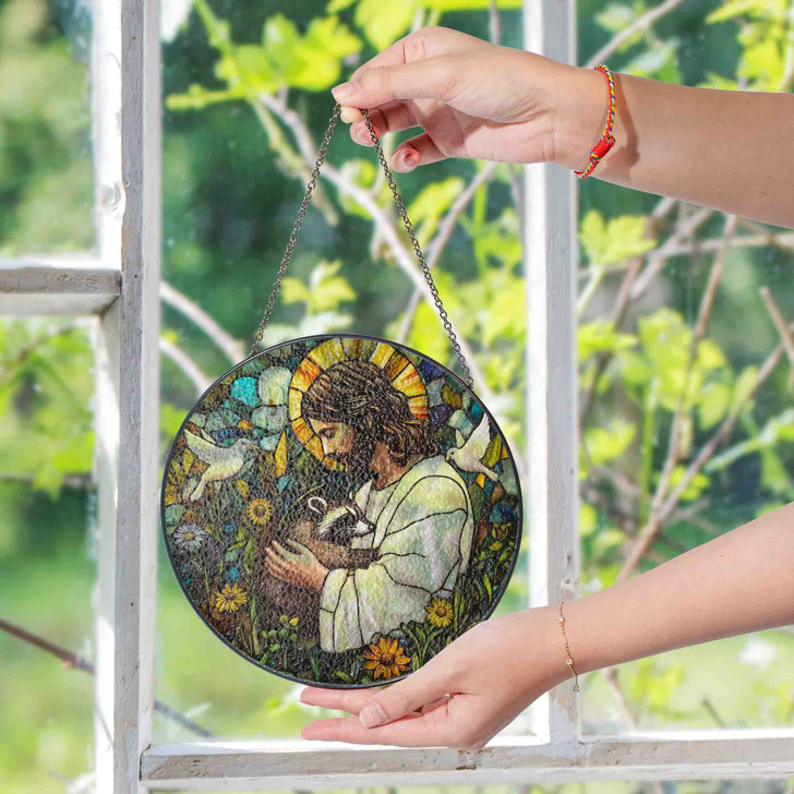 Jesus and Raccoon Stained Glass Suncatcher Window Hanging Decor