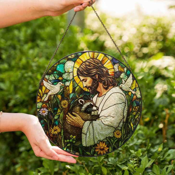 Jesus and Raccoon Stained Glass Suncatcher Window Hanging Decor