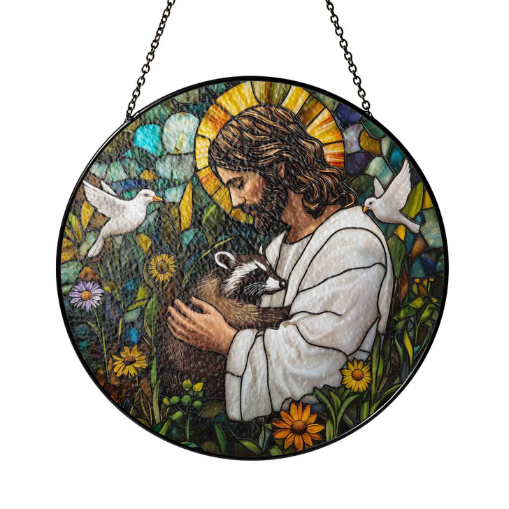 Jesus and Raccoon Stained Glass Suncatcher Window Hanging Decor