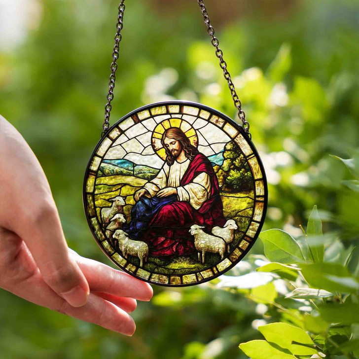 Jesus with Lambs Stained Glass Suncatcher Window Hanging Decor