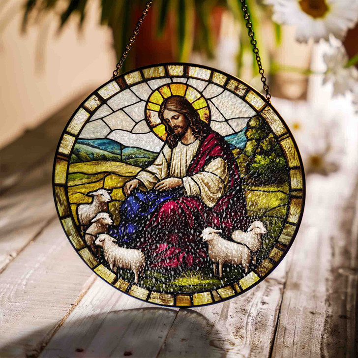 Jesus with Lambs Stained Glass Suncatcher Window Hanging Decor