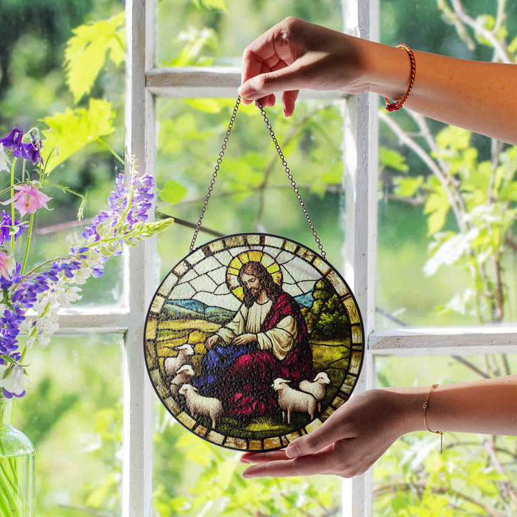 Jesus with Lambs Stained Glass Suncatcher Window Hanging Decor