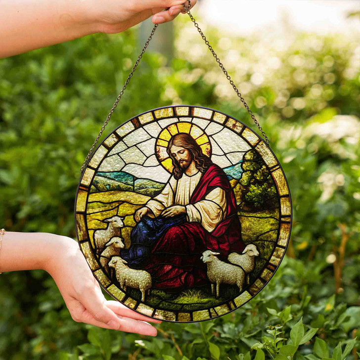 Jesus with Lambs Stained Glass Suncatcher Window Hanging Decor