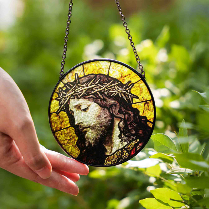 Jesus Crown of Thorns Close Up Stained Glass Suncatcher Window Decor