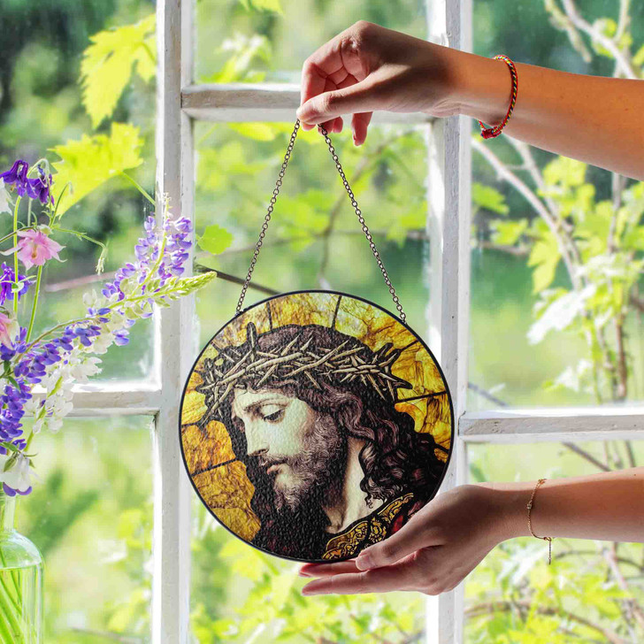 Jesus Crown of Thorns Close Up Stained Glass Suncatcher Window Decor