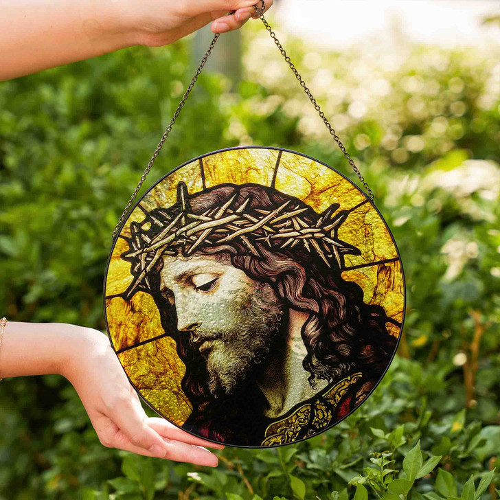 Jesus Crown of Thorns Close Up Stained Glass Suncatcher Window Decor