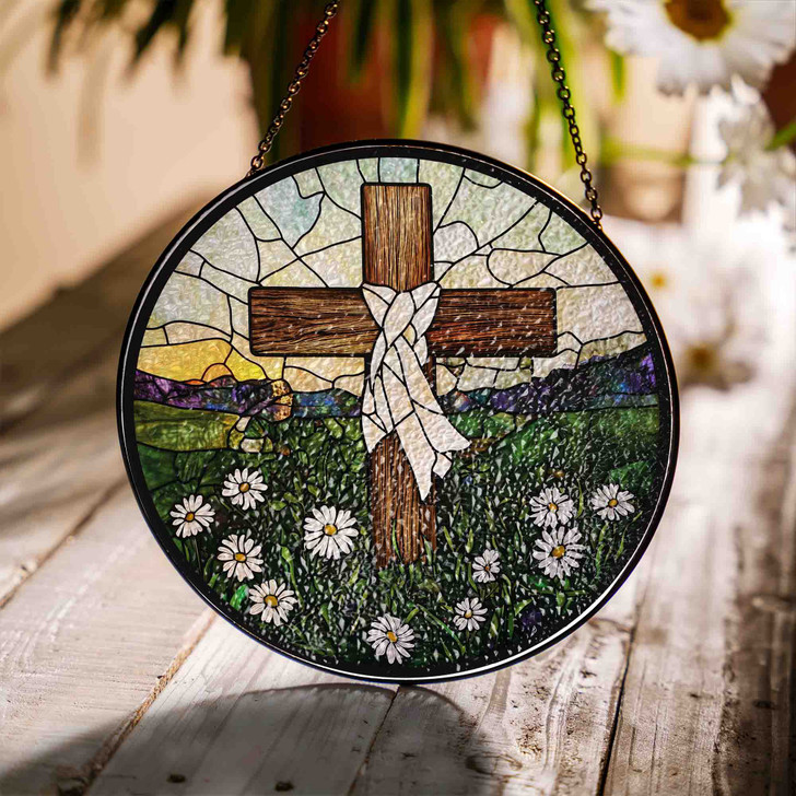 Cross with White Cloth Stained Glass Suncatcher Window Hanging Decor