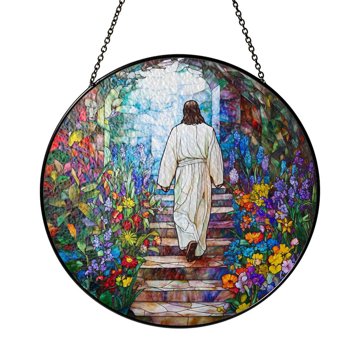 Jesus Walking to Heaven Stained Glass Suncatcher Window Hanging Decor