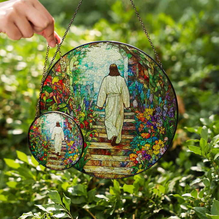 Jesus Walking to Heaven Stained Glass Suncatcher Window Hanging Decor