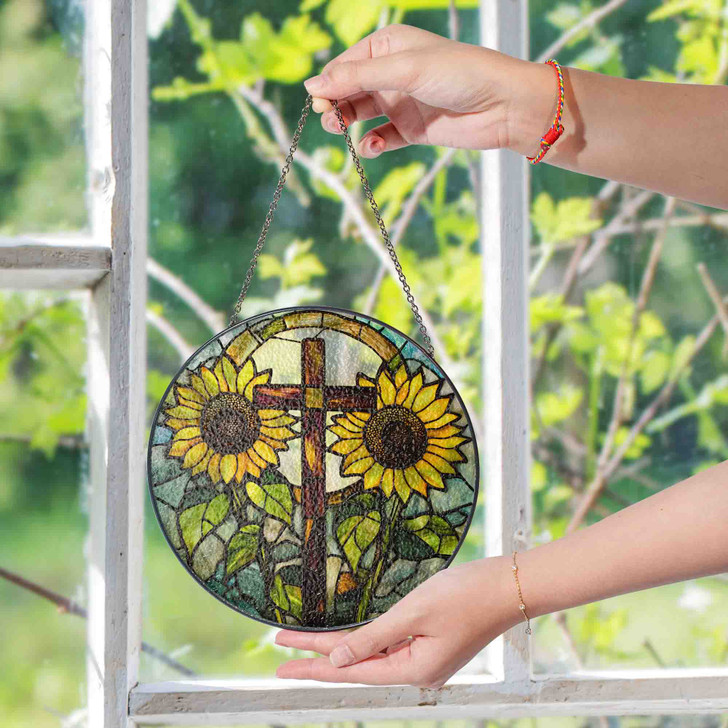 Cross with Sunflowers Stained Glass Suncatcher Window Hanging Decor