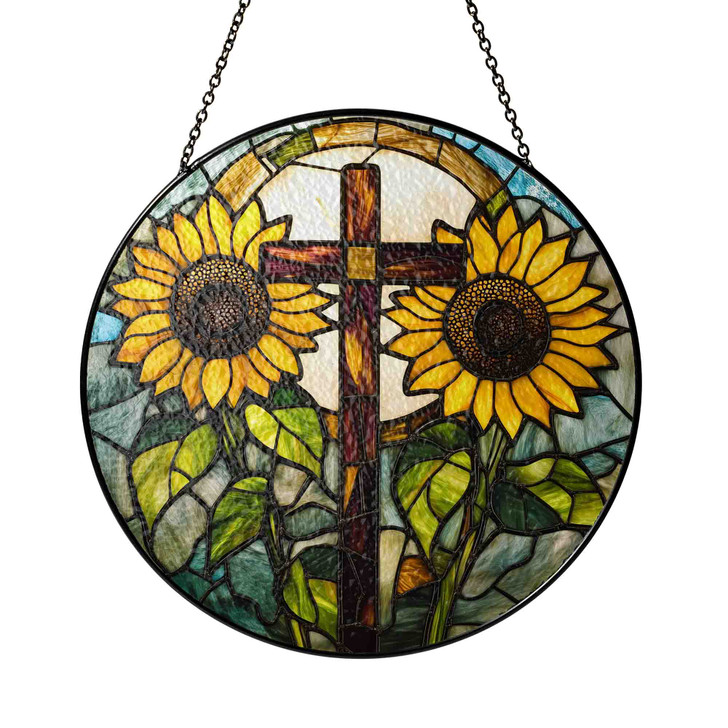 Cross with Sunflowers Stained Glass Suncatcher Window Hanging Decor