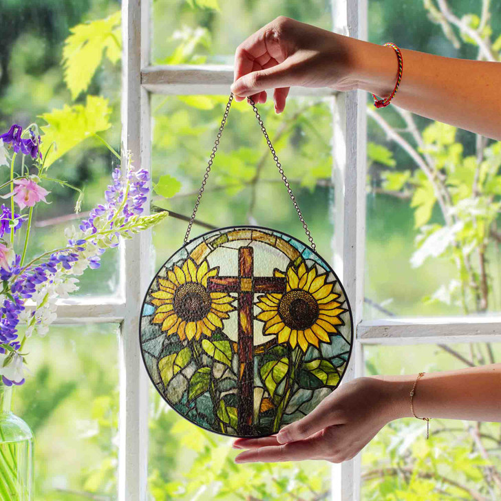 Cross with Sunflowers Stained Glass Suncatcher Window Hanging Decor