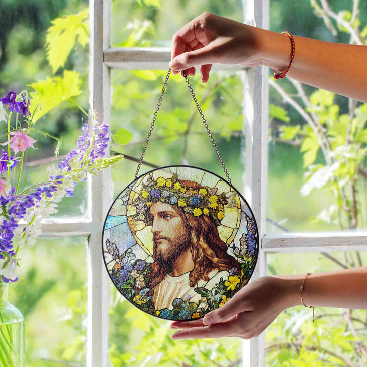 Jesus with Flower Crown Stained Glass Suncatcher Window Hanging Decor