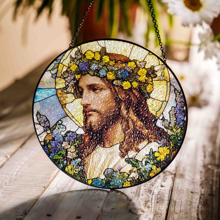 Jesus with Flower Crown Stained Glass Suncatcher Window Hanging Decor