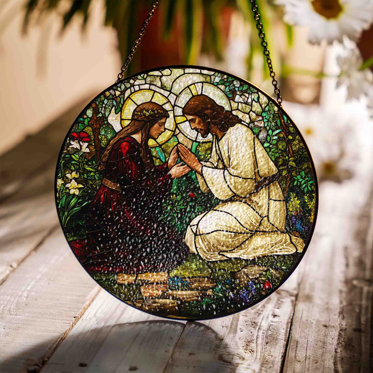 Jesus and Woman in Garden Stained Glass Suncatcher Window Hanging Decor