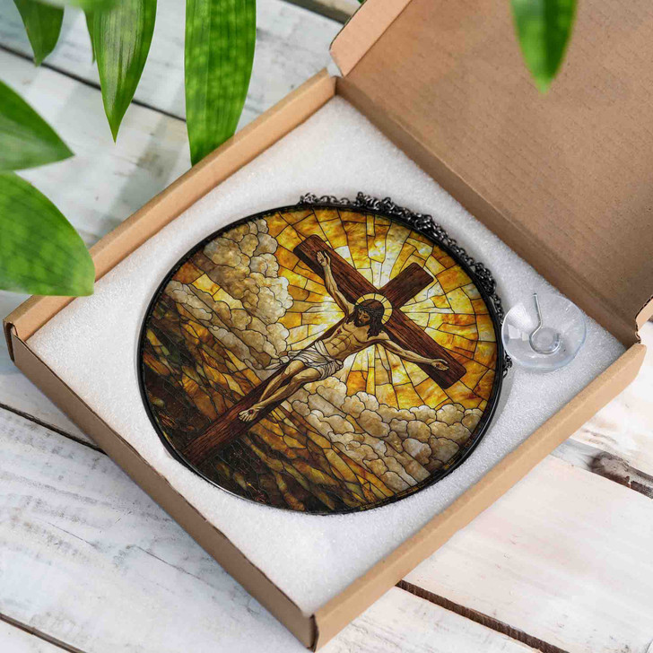 Jesus on the Cross Stained Glass Suncatcher Window Hanging Decor
